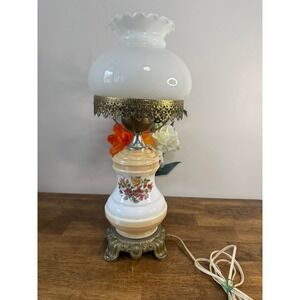 Vintage Milk Glass Hurricane Lamp Floral Electric Table Lamp Brass Cottage Decor